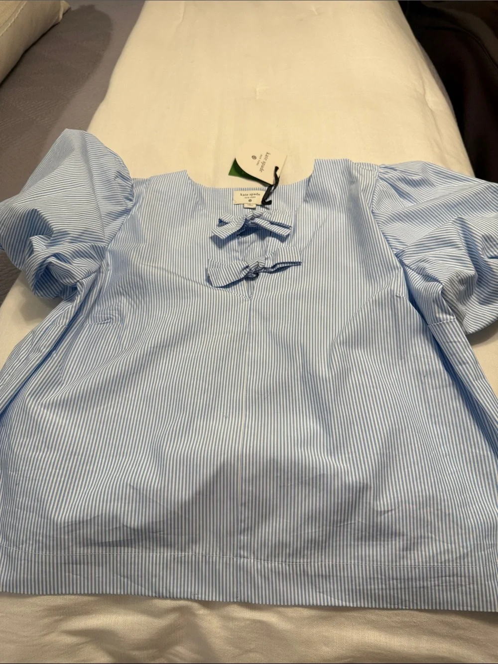 kate spade Blue & White Pinstripe Puff Sleeve Top with Front Bows XL